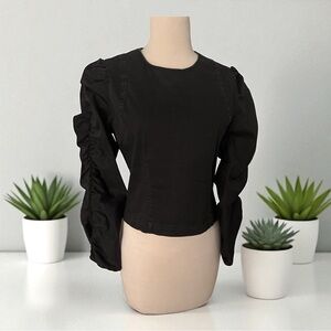 ZARA Black Ruched Long Sleeve Denim Top Women's Sz M Stretch‎ Back Zip